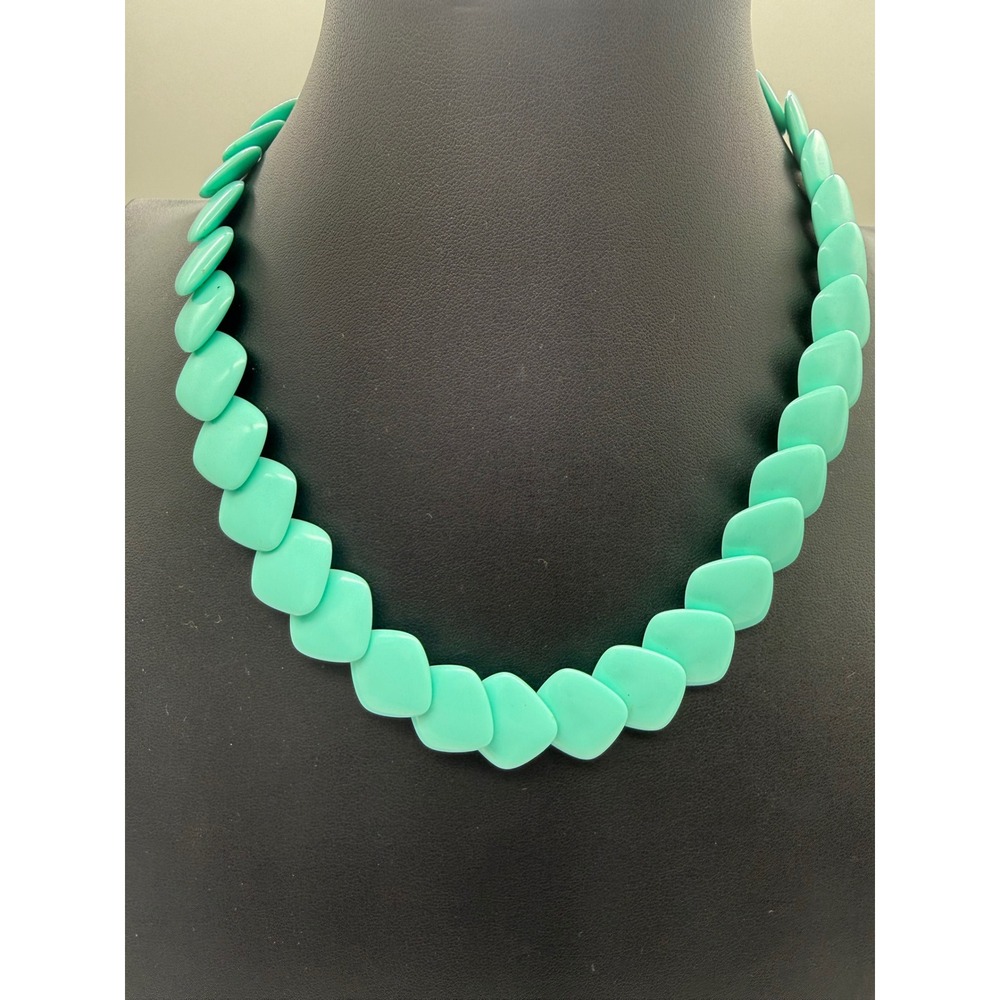 Vintage Teal Blue Diamond Bead Statement Necklace Geometric Resin Choker - Picture 4 of 6